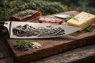 Kochmesser Damast Berge Gravur 67 Lagen VG10 Geschenk Bergfreund Wanderer 20cm