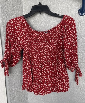 I Love Clothing Girls red blouse style top Floral Size Sm Mid Sleeve (YG-18)