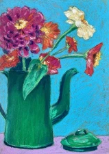 Original Oil Pastel painting. Still Life With Flowers In A Green Teapot. 8x12”