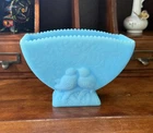 VTG 70’s Fenton Blue Satin Lovebirds Planter – Embossed Birds – Ruffled Rim