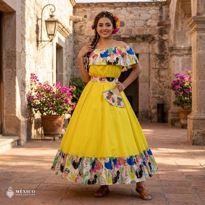 Traditional Mexican Yellow Frida Kahlo Inspired Dress   Handmade Special Edition