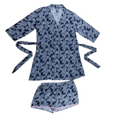 Rene Rofe Sleepwear Women's Black White Floral Robe Kimono Shorts Set  Size L