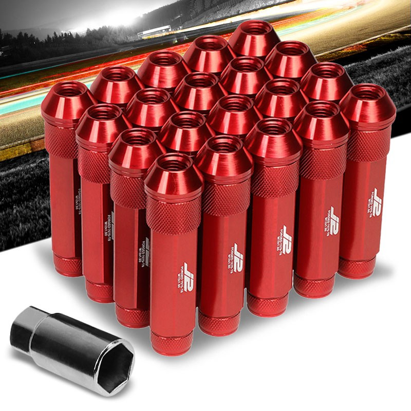 J2 Red Open Double Knurled End Acorn 90MM M12x1.50 Lug Nuts Set+