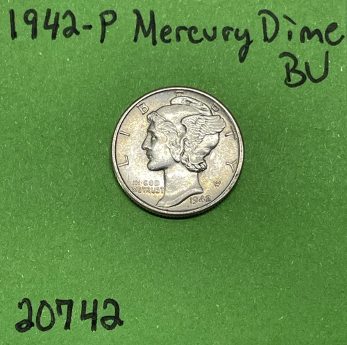 1942-P Mercury Dime 10c BU Brilliant Uncirculated 90% Silver See Pictures