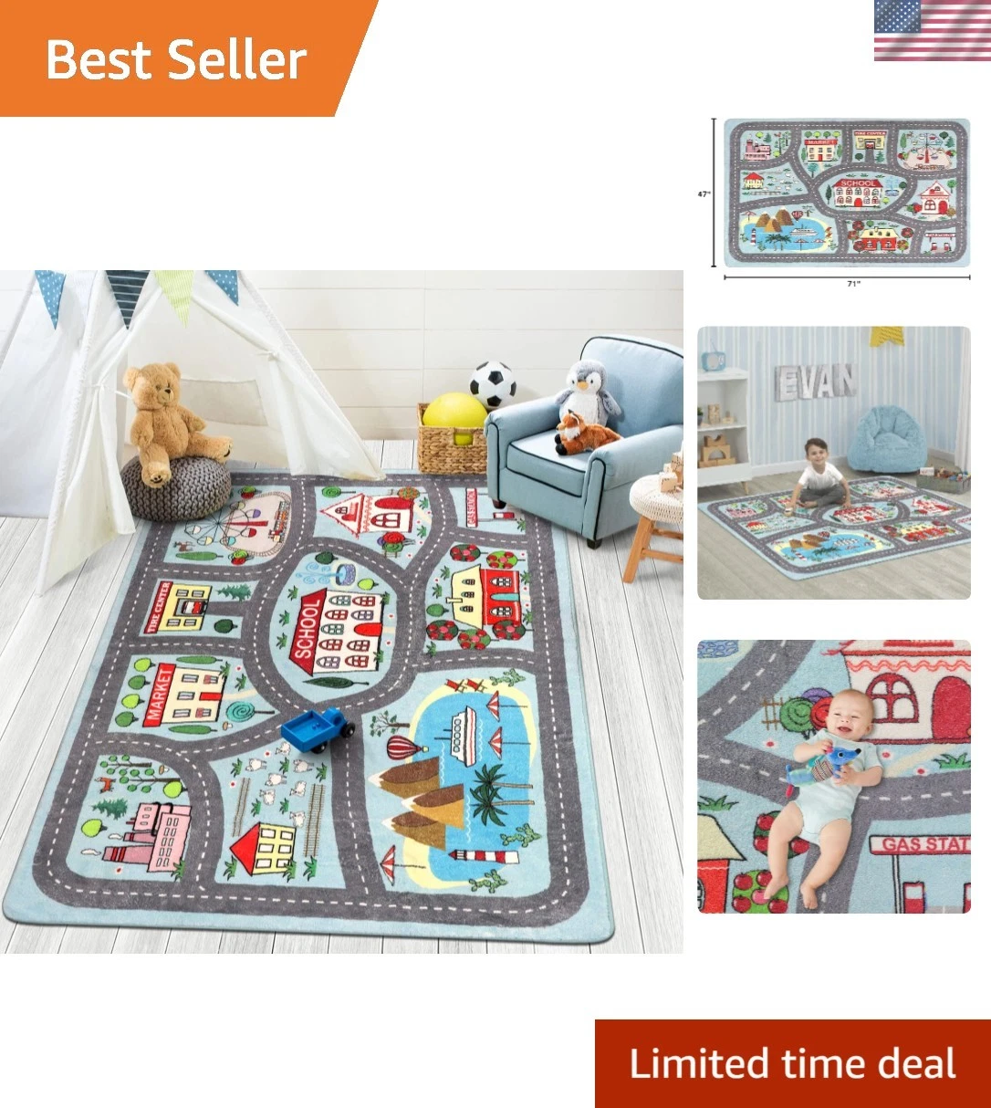 Soft Kids Rug 4'x6' Carpet Play Mat for Baby Boys Girls, City Life Road Traff...