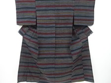 7201442: JAPANESE KIMONO / ANTIQUE KIMONO / SILK / HAND WOVEN TSUMUGI / STRIPE