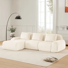 114" L-Shaped Modular Sectional Sofa w/ Ottoman, Cream Flannelette, 3-Seater