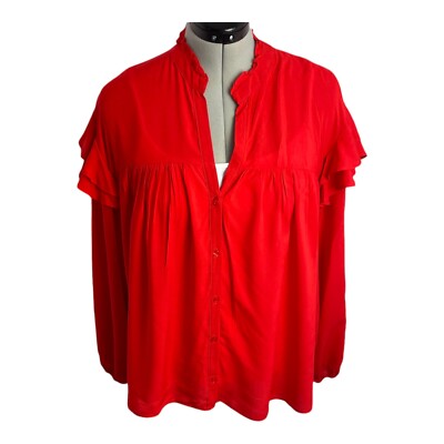 George Damen Rot Rüschen Ausschnitt Bluse Kurzarm Button Down Oberteil Gr. 20