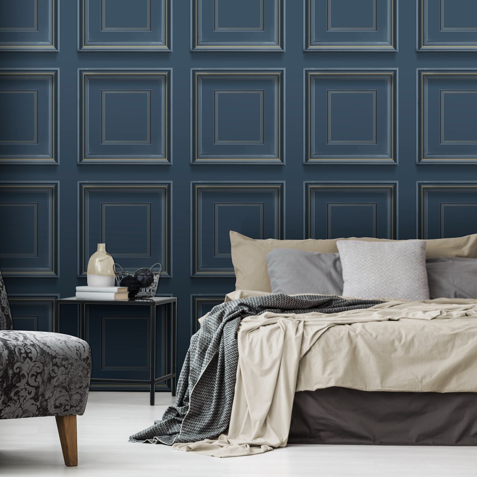 Navy Panel Effect Wallpaper Metallic Gold Realistic 3D Wood Effect Flat