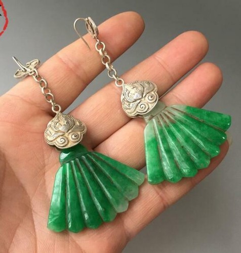 Ming Qing Dynasty Jadeite Tibetan Silver Earring Antique Collection Ancient Jade - Picture 1 of 8