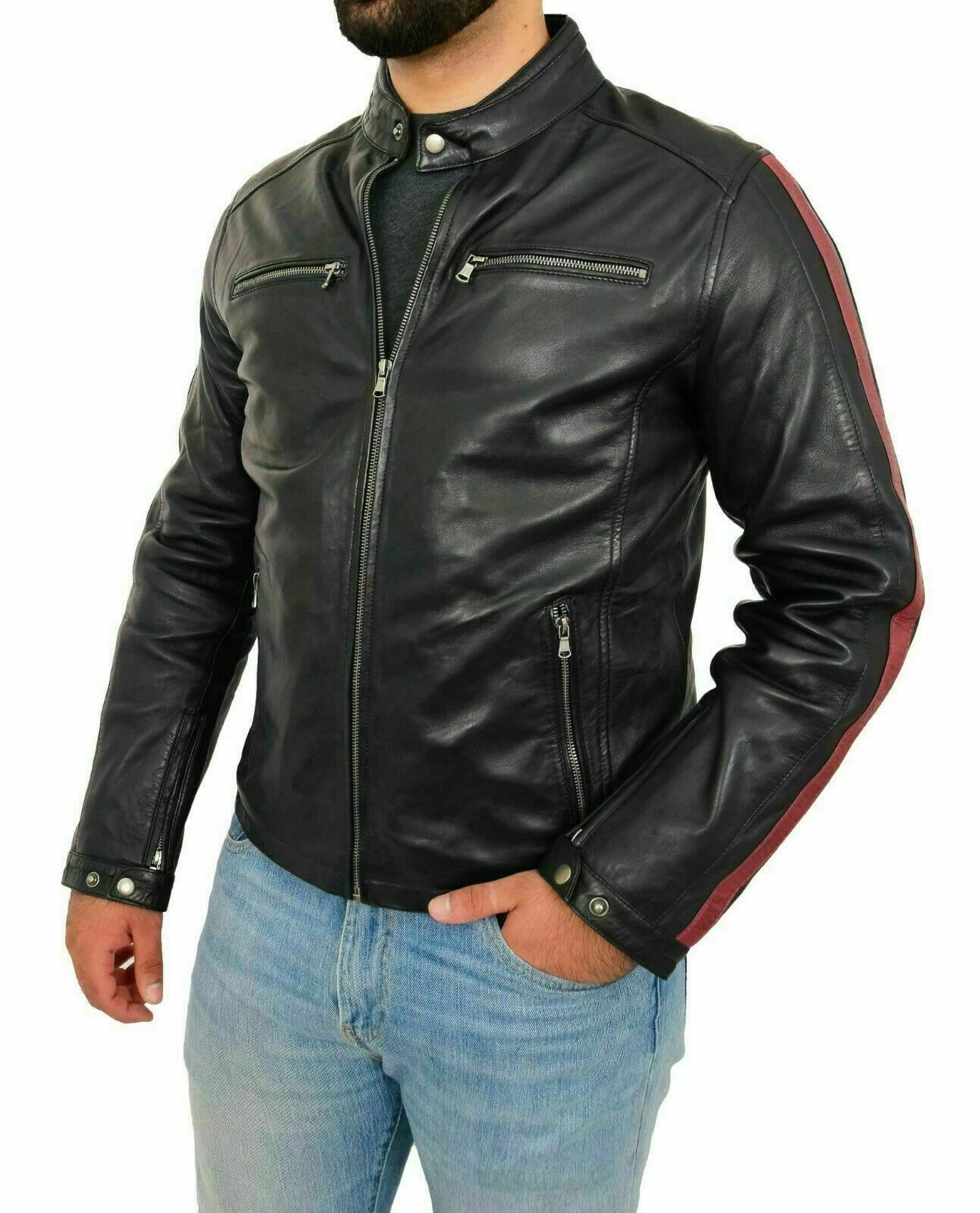 Men's Black Café Racer Genuine Sheepskin Leather Jacket Biker Motorcycle Jacket