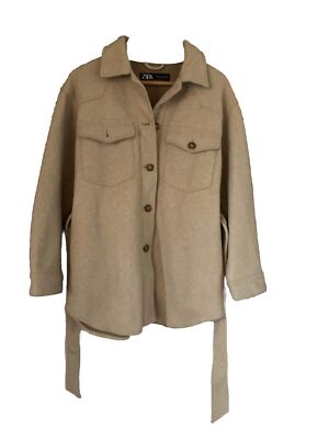 Womens ZARA Beige Overshirt Shacket Belted Shirt Jacket size M UK