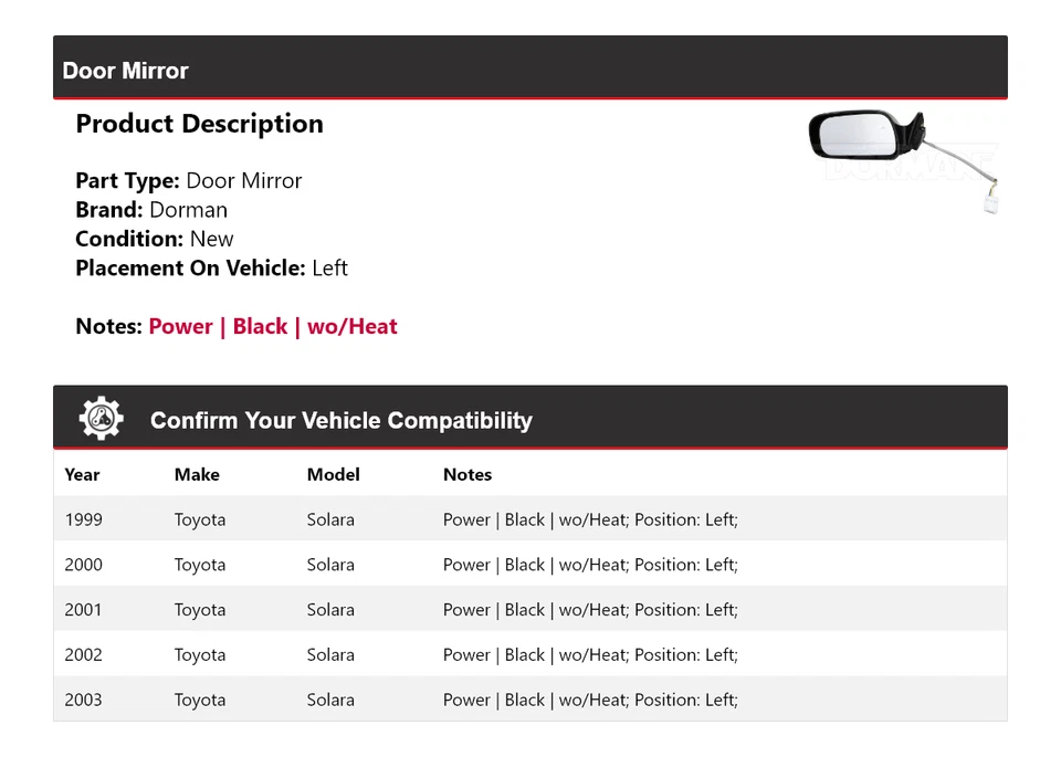 Espejo de puerta izquierdo Toyota Solara Dorman 1999-2003 2000 2001 2002 Foto 2 de 4