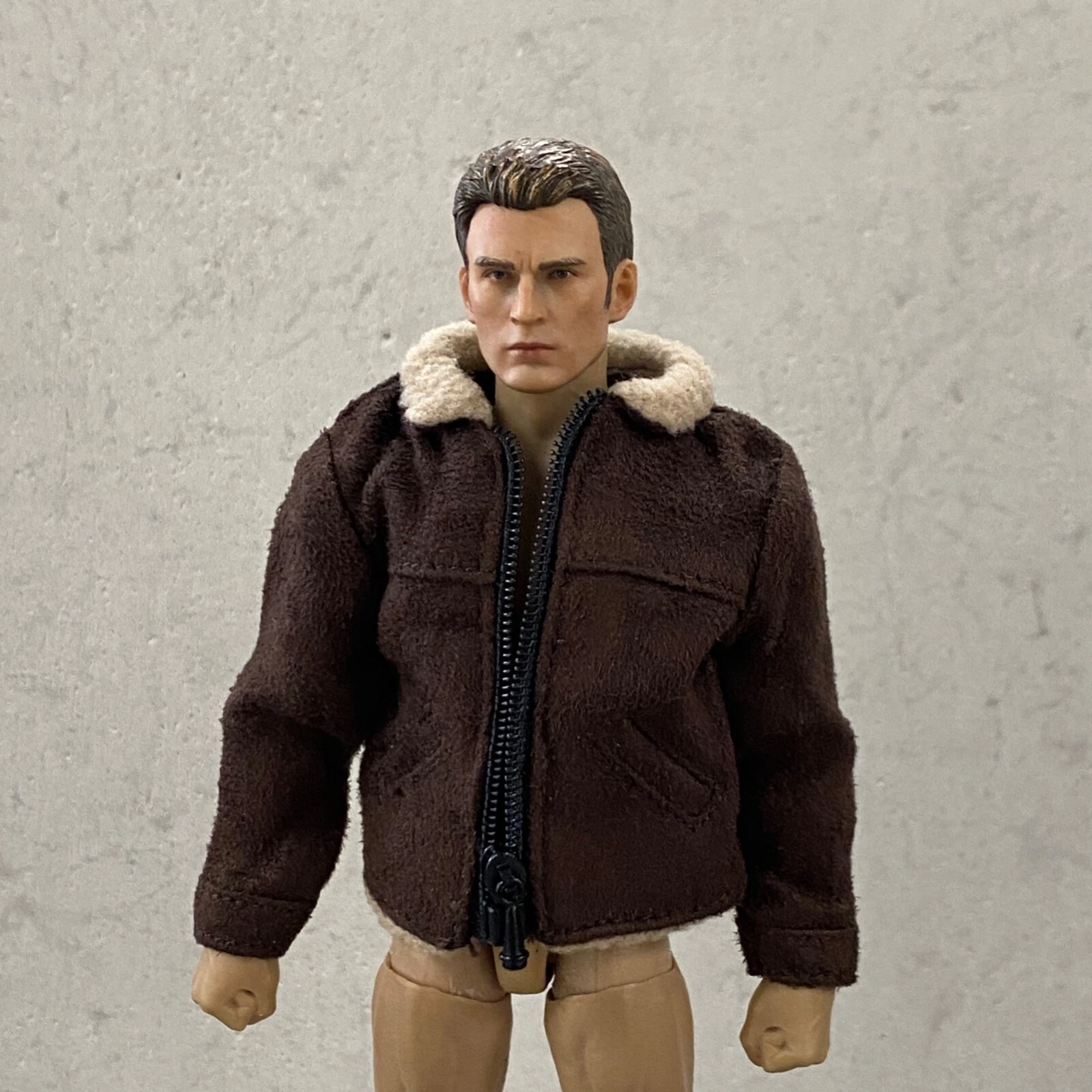 MO-SDJK-BN: 1/12 Dark Brown Suede Zipper Jacket with Fur Collar for 6" slim body image 2
