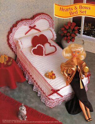 3X Hearts & Bows Bed Set Boudoir Wicker Gossip Bench Barbie Doll Crochet Pattern