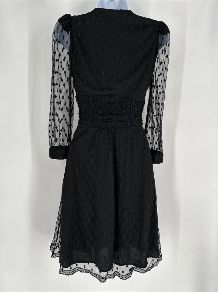 Vestido flare Betsey Johnson vintage renda manga longa bolinhas ajuste preto anos 90 2 - Imagem 2 de 4
