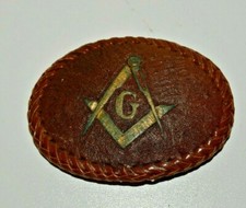Vintage 1970s Freemasons Fraternal Compass Logo Brown Leather Belt Buckle Rare