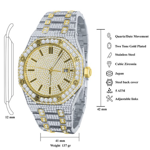 Men's Full Steel Baguette 2 Tone Yellow Gold Finish Simulated Diamond 42mm Watch - Picture 5 of 6