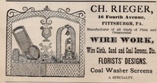 1887 Ch Rieger Wire Work Florsits Deigns Wire Cloth Pittsburgh Pa 2.25 Ad