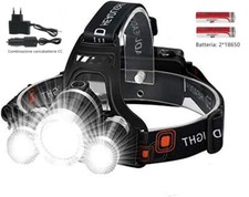 LAMPADA DA TESTA A 3 LED T6 PILE RICARICABILE AUTO TORCIA FRONTALE SPORT PESCA 
