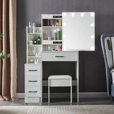 Vanity Makeup Dressing Table Vanity Set With Lighted Mirror Chair Drawer Bedroom
