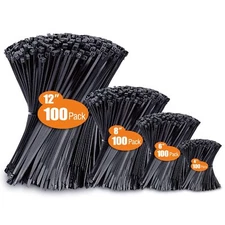 Zip Ties Assorted Sizes(4”+6”+8”+12”), 400 Pack, Black Cable Ties, UV Resistant