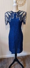 Scala Beaded Silk Cocktail Dress Womens M Blue Sequin Keyhole Back Vintage Style