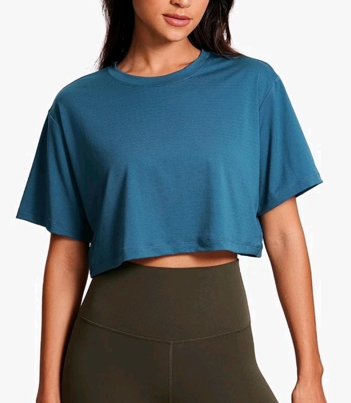CRZ YOGA Short Sleeve Lightweight Workout Shirt Breathable Crop Blue Size L