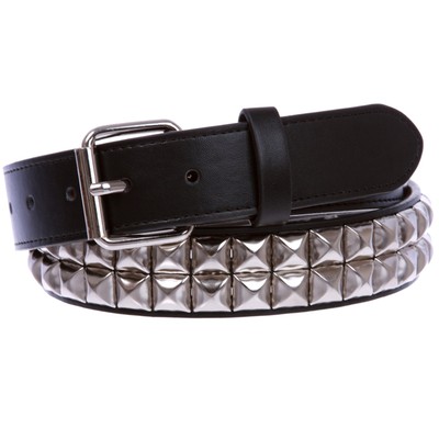 1 1/4'' (33 mm) Snap On Two Row Punk Rock Star Silver Studded Leather Belt, Bl...