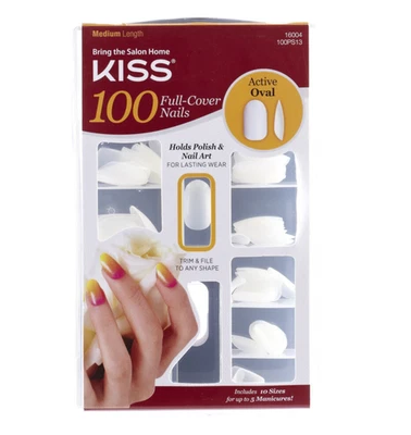 Kiss Active Oval Full Cover Nails 100pcs Medium Length False Nail Tips No Glue