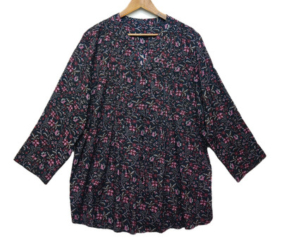 Coldwater Creek Boho Tunic Top Women 4X Black Pink Flowers Long Sleeve Button Up