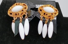 Vintage Emmons Gold Plated with White Dangling Bead Clip on Earrings