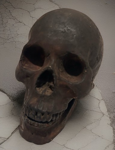 Rare Vintage Style Skull Sculpture w/ Articulated Jaw – Dark Patina