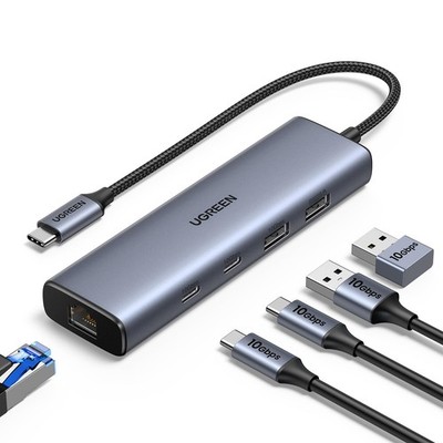 UGREEN USB C Hub Ethernet, 10Gbps 3.2 Ethernet Adapter mit 2 x Silber