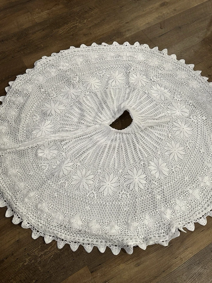 "Falda de árbol de Navidad vintage tejida a mano de encaje blanco 45"" patrón de piña" Foto 3 de 4