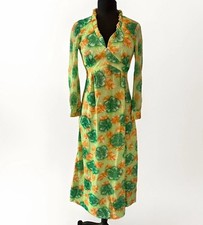 Vintage Hawaiian Maxi Dress Peaked Empire Waist Ruffle Neck Handmade 1970’s