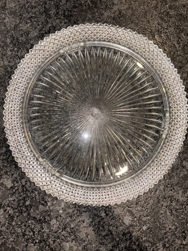Vintage Glass Cake Plate Pinwheel Swirls Scalloped Edge Three Footed