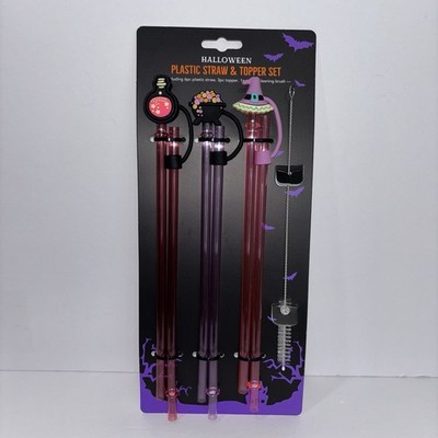 Halloween Plastic Straw & Topper Set 6 Straws 3 Toppers 1 Brush