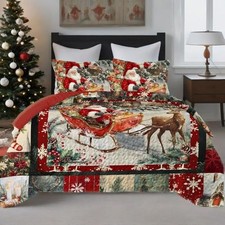 3-Piece Christmas Patchwork Quilt Set Size Snowflake Deer King Santa Claus