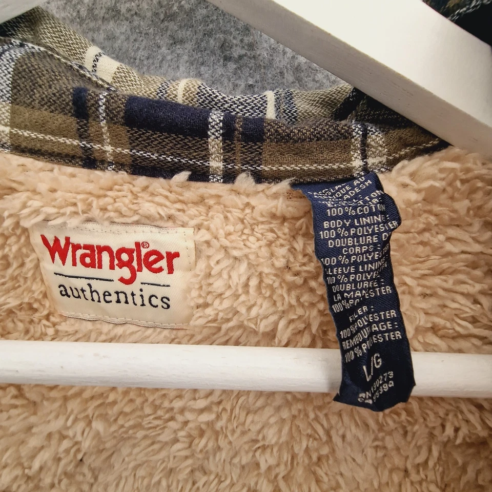 WRANGLER Sherpa Shirt Plaid Flannel Lined Worker Outdoor Green Shacket Men L - Image 4 of 4