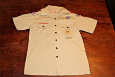 Boy Scouts of America BSA Youth Shirt Tan X-Large XL Sewn Patches Short Sleeve