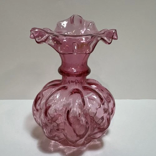 Fenton Ruffled Melon Vase Cranberry Color Gourd Shape Vintage