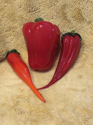 Murano Style Art Glass Lot Of 3 Orange & Red Peppers Hand Blown Paperweight Vtg