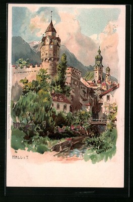 Künstler-AK Edward Theodore Compton: Hall i. T., Schloss und Kirche hinter Bach 