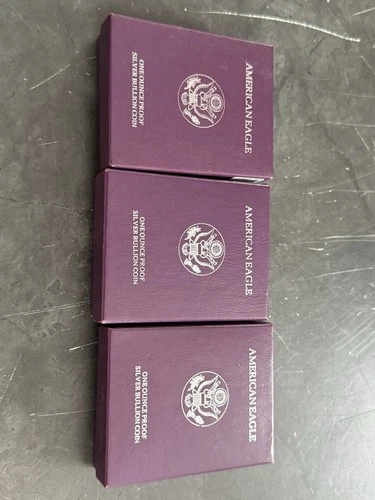 A Lot Of 3 Silver American Eagle 1 Ounce Proof Coins In The Box 1990 1992 & 1993