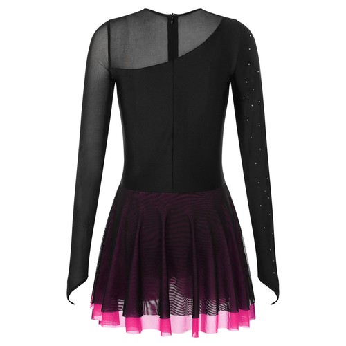 Womens Shiny Long Sleeve Leotard Dress Figure Ice Skating Ballet Dance Dress - Picture 39 of 52