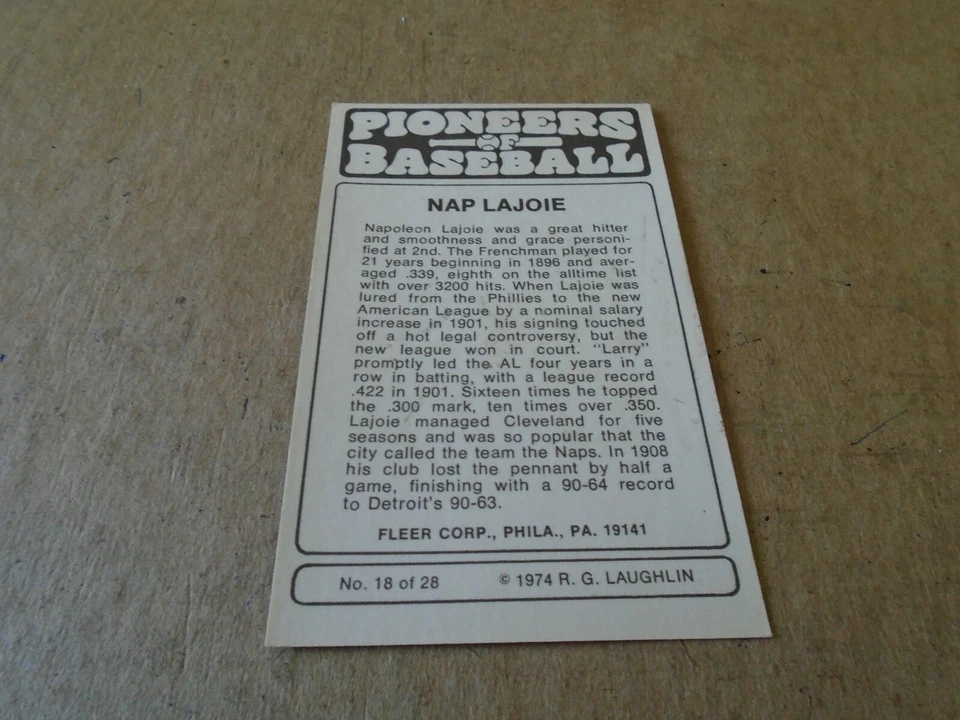 1974 Fleer Cloth Patches Laughlin Pioneers of Baseball Nap Lajoie #18 - Image 2 of 2