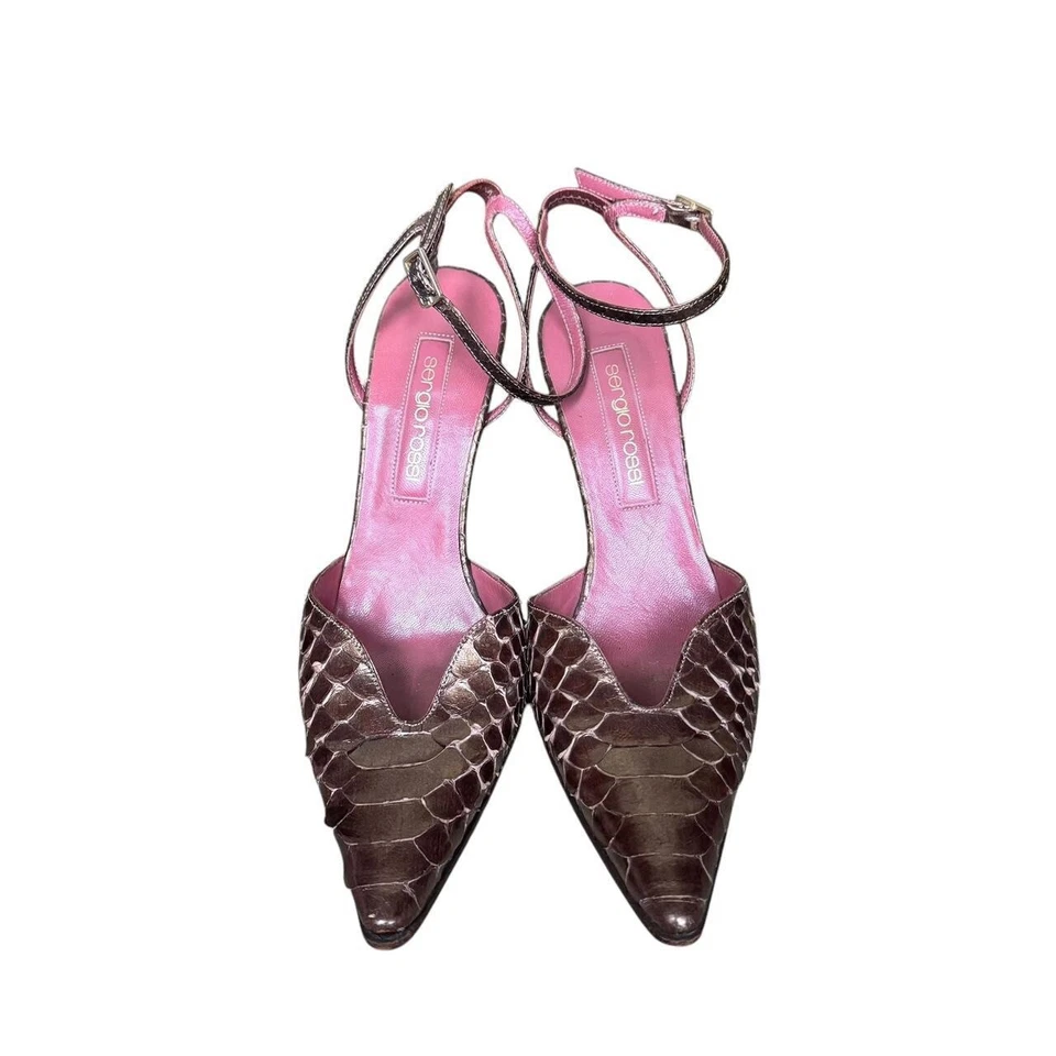 Y2k Sergio Rossi Glam Metalizado Genuino Piel de Serpiente Punta Tacones 37 Foto 3 de 4
