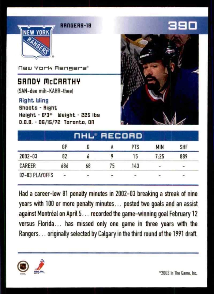 2003-04 In The Game Action Sandy McCarthy #390 - Image 2 of 2
