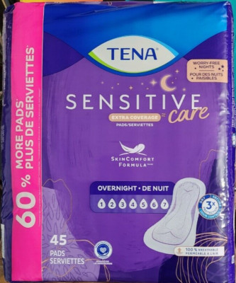 Tena Sensitive Care Extra Coverage Overnight Incontinence Pads 45 Ct Lot Of 2